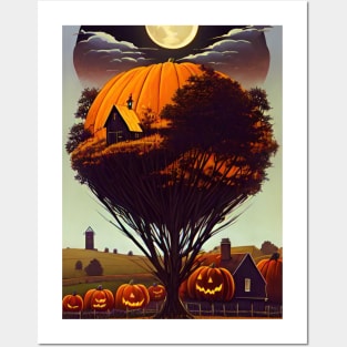 Halloween with tree, house,cornfield, moon, scarecrow Posters and Art